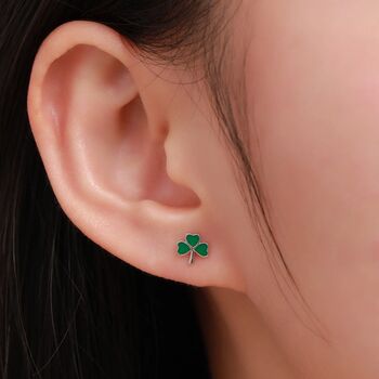 Shamrock Leaf Enamel Stud Earrings In Sterling Silver, 3 of 11