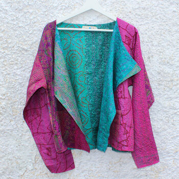 Kantha Handstitched Pink Silk Jacket, 6 of 12