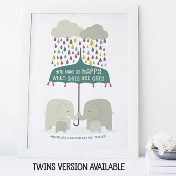 'You Make Us Happy' Elephant New Baby / Twins Print, 3 of 10