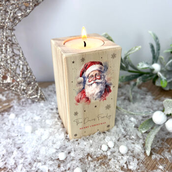 Personalised Any Message Traditional Santa Wooden Tea Light Holder 10cm H X Five.5cm W X Five.5cm D, 5 of 6