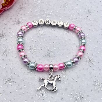 Personalised Good Luck Bracelet Horse Shoe, Four Leaf Clover Name Gift For Girls, 2 of 12