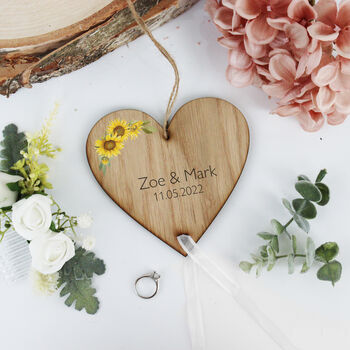 Sunflower Wedding Ring Bearer Wooden Heart, 2 of 10