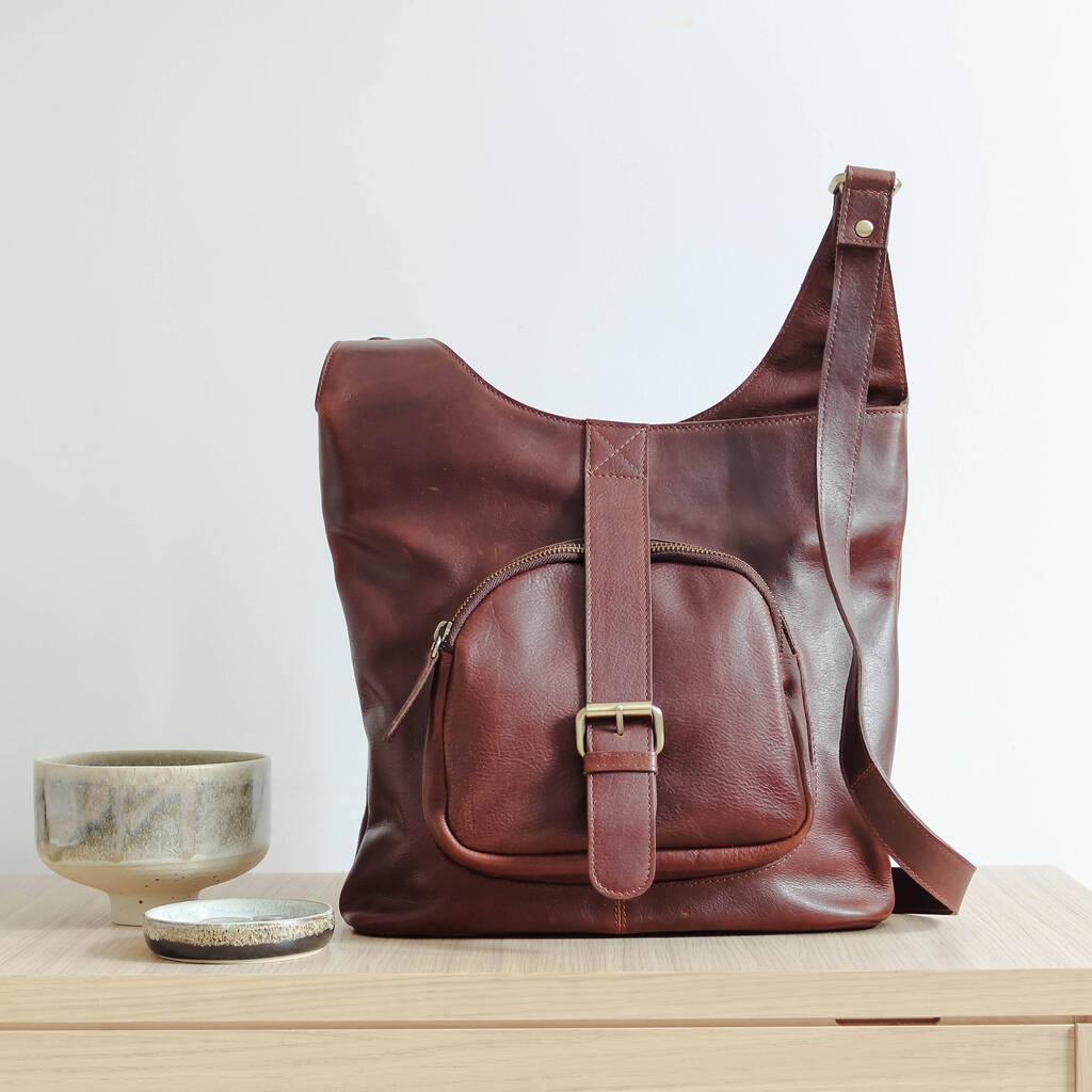 Leather Shoulder Bag With Pockets, Dark Brown, 1 of 6