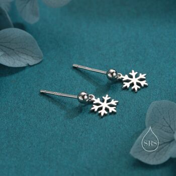 Sterling Silver Minimalist Snowflake Dangle Stud Earrings, 3 of 11