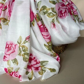 Rose Print Scarf In White And Fuchsia, 3 of 3
