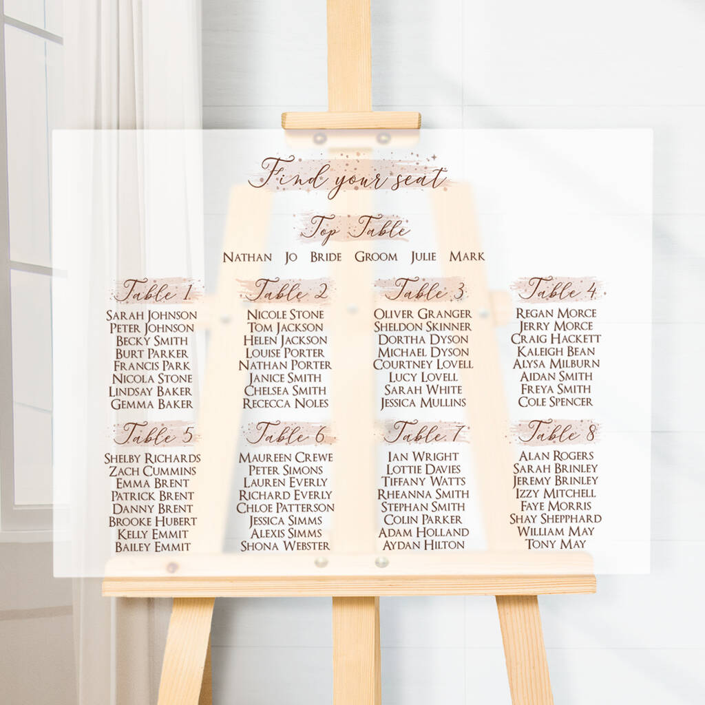 Rose Gold Themed Acrylic Wedding Table Seating Plan