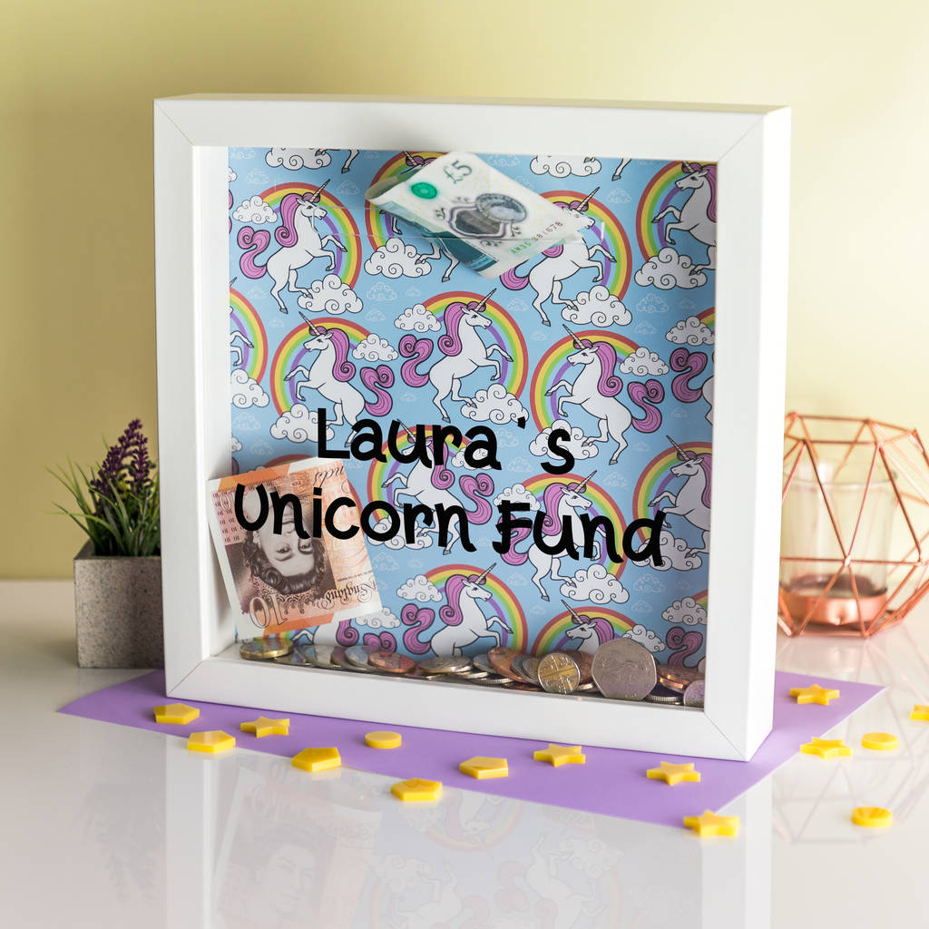Personalised Unicorn Print Money Box Frame By Mirrorin