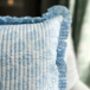 Handmade Quilted Block Print Blue Ruffle Cushion, thumbnail 3 of 5