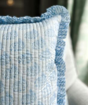 Handmade Quilted Block Print Blue Ruffle Cushion, 3 of 5