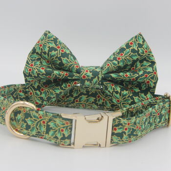 Green And Gold Holly Christmas Dog Bow Tie, 10 of 12