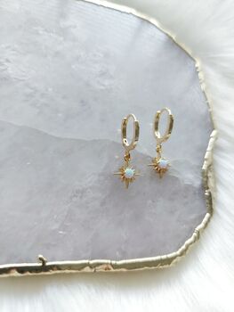 Opal Starburst Huggie Gold Plated Hoop Earrings, 4 of 5
