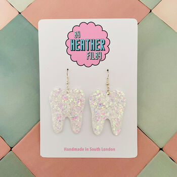 Tooth Glitter Earrings / Dentist Graduation Gift / Dental Hygienist Statement Dangles / Tooth Fairy Novelty Jewellery, 5 of 10
