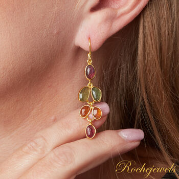 Multicoloured Tourmaline Pebble Shaped Leaf Drop Gold Earrings, 2 of 11