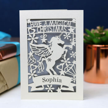 Personalised Papercut Unicorn Christmas Card, 3 of 3