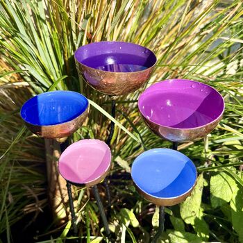 Set Of Five Copper Rain Catchers Pink, Blue, Lilac, Light Blue And Purple Garden Sculptures, 5 of 7