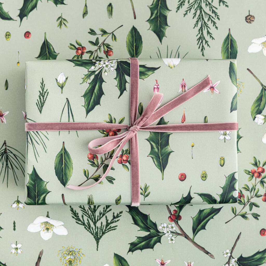 Luxury Botanical Christmas Wrapping Paper, Green Berry, 1 of 5
