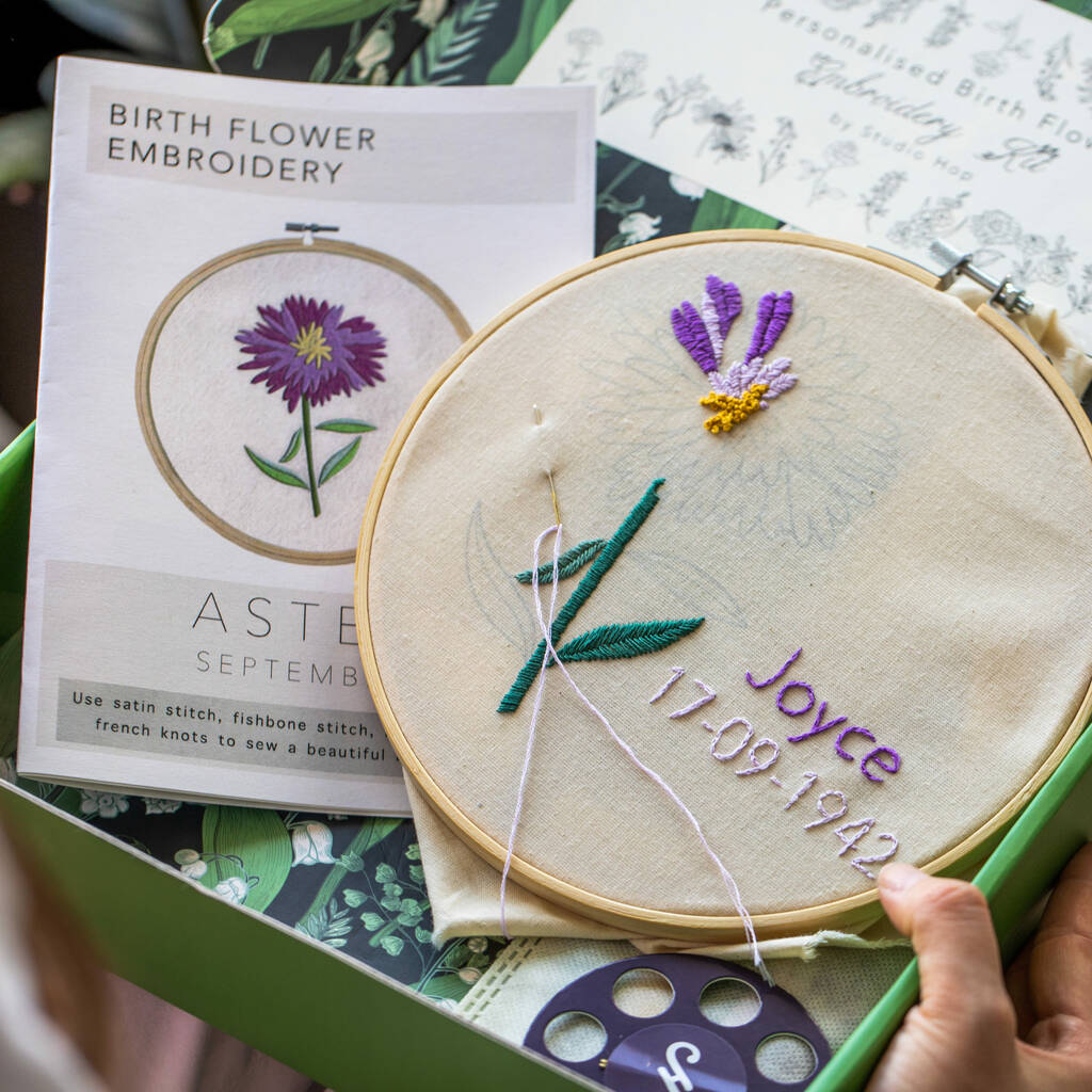 Personalised Birth Flower Embroidery Kit Gift Box Set, 1 of 12