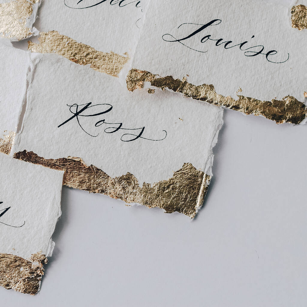 Handwritten Luxury Paper Place Cards With Gold Leaf By Wild Sea Calligraphy | notonthehighstreet.com