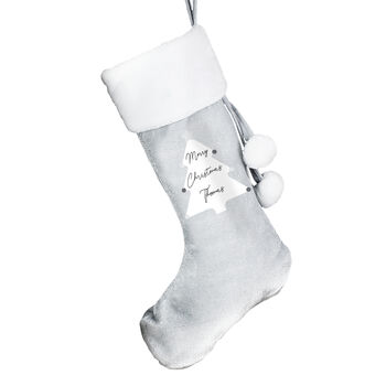 Personalised Christmas Tree Luxury Silver Grey Stocking, 4 of 4