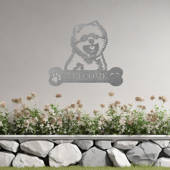 Customisable Pomeranian Welcome Metal Wall Art Sign For Home And Garden Decor, 10 of 11