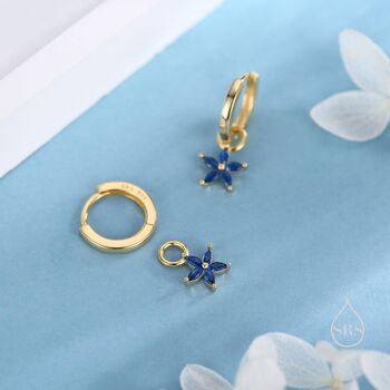 Sapphire Blue Flower Cz Huggie Hoop In Sterling Silver, 6 of 12