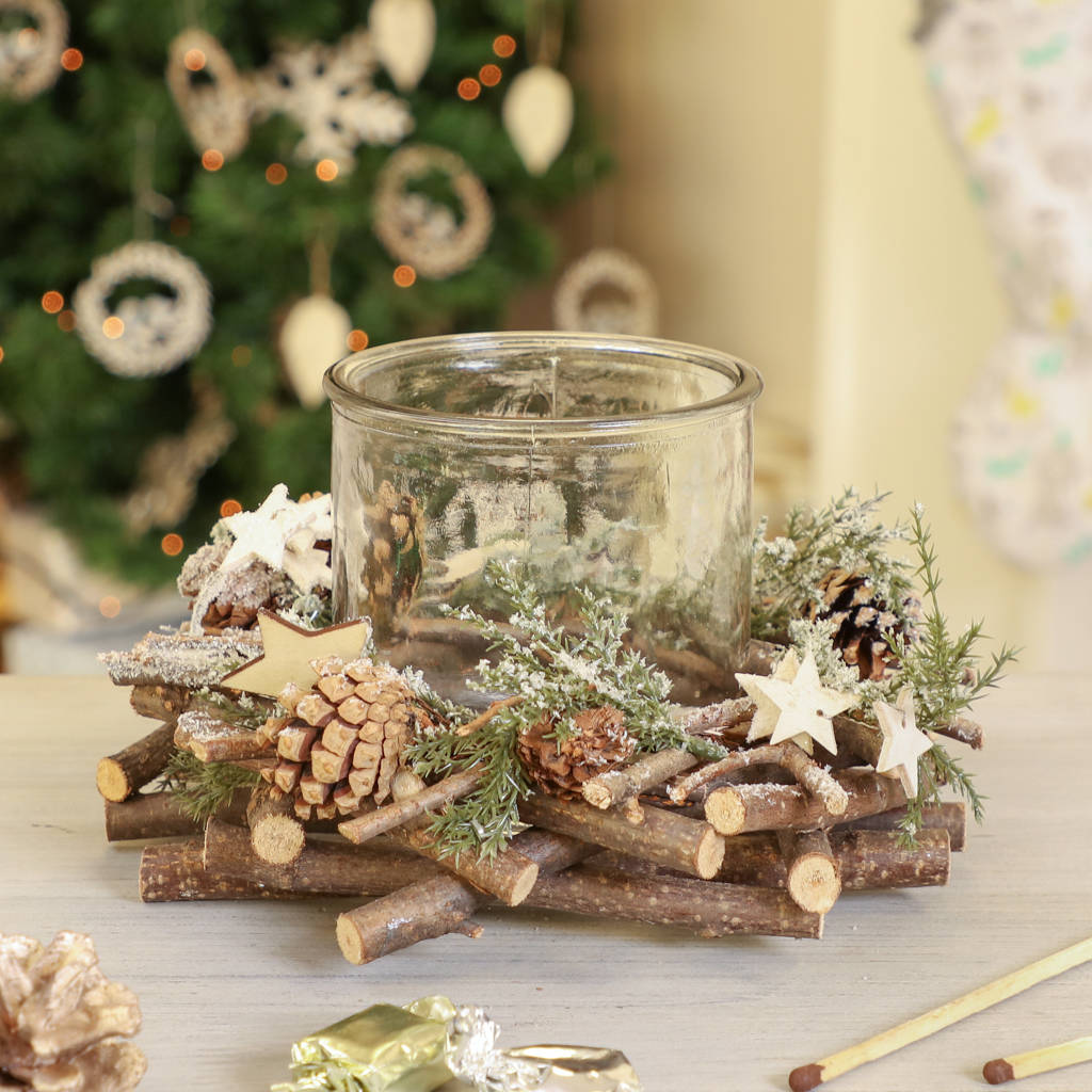 frosted woodland christmas pillar candle holder gift by dibor