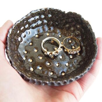 Handmade Black Gloss Ceramic Ring Dish With Gold Dots, 4 of 6