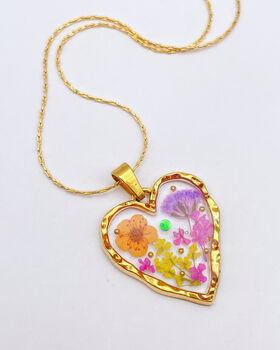 Real Pastel Colour Flowers Heart Pendant Necklace Hand Made, 2 of 7