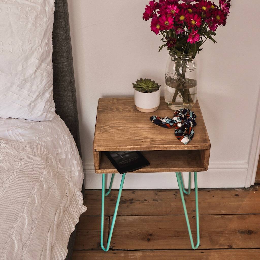 Handmade Bedside Table With Hairpin Legs By The Porcupine Creative