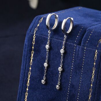 Sterling Silver Tiny Cz Trio Chain Dangle Huggie Hoop, 2 of 10