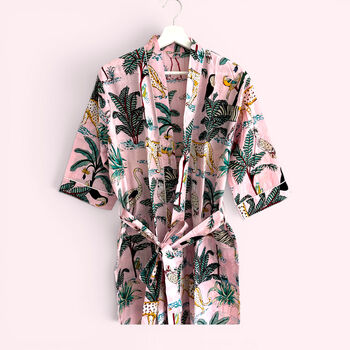 Jungle Print 100% Cotton Dressing Gown In Pale Pink, 6 of 7