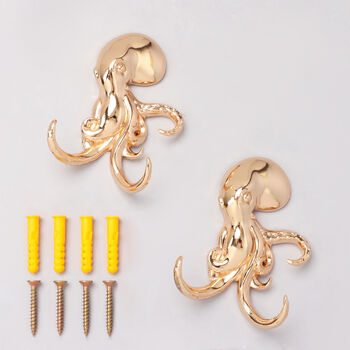 G Decor Set Of Two Gold Octopus Wall Coat Hooks, 3 of 4