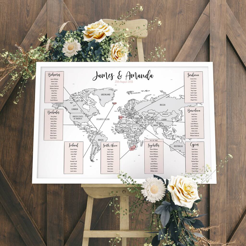 Personalised World Map Wedding Table Plan, 1 of 7