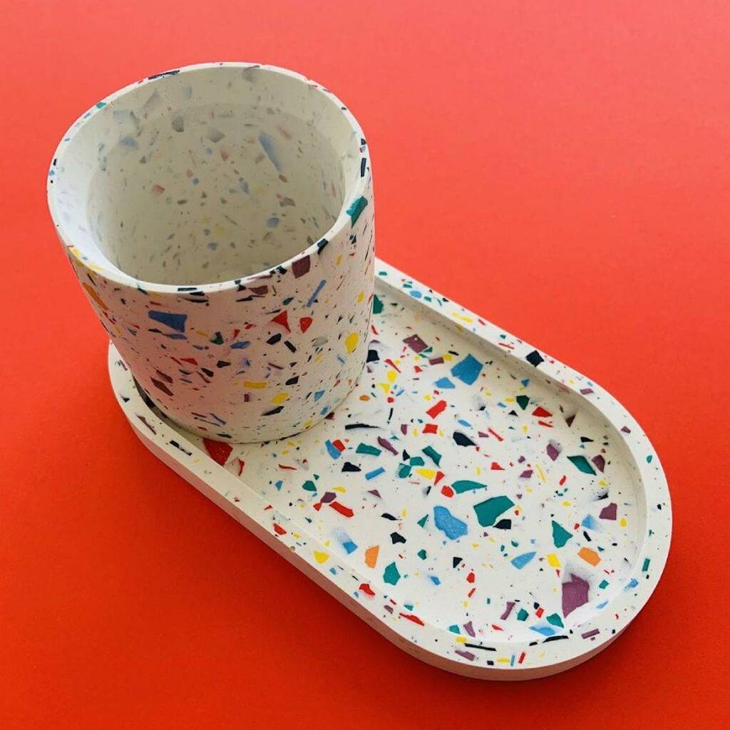 Jesmonite Terrazzo Pot And Tray Duo Set In White By Lime Lace