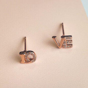 Rose Gold Colour Sterling Silver Love Stud Earrings, 2 of 4