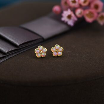 Pink Opal Flower Stud Earrings Sterling Silver, 3 of 12