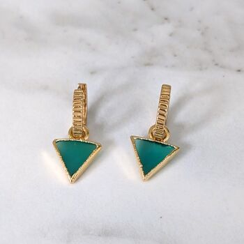 'The Triangle' Green Onyx Hoop Gold Plated Earrings, 2 of 6