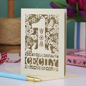Personalised 1st Birthday Card Papercut Woodland Design, 4 of 6