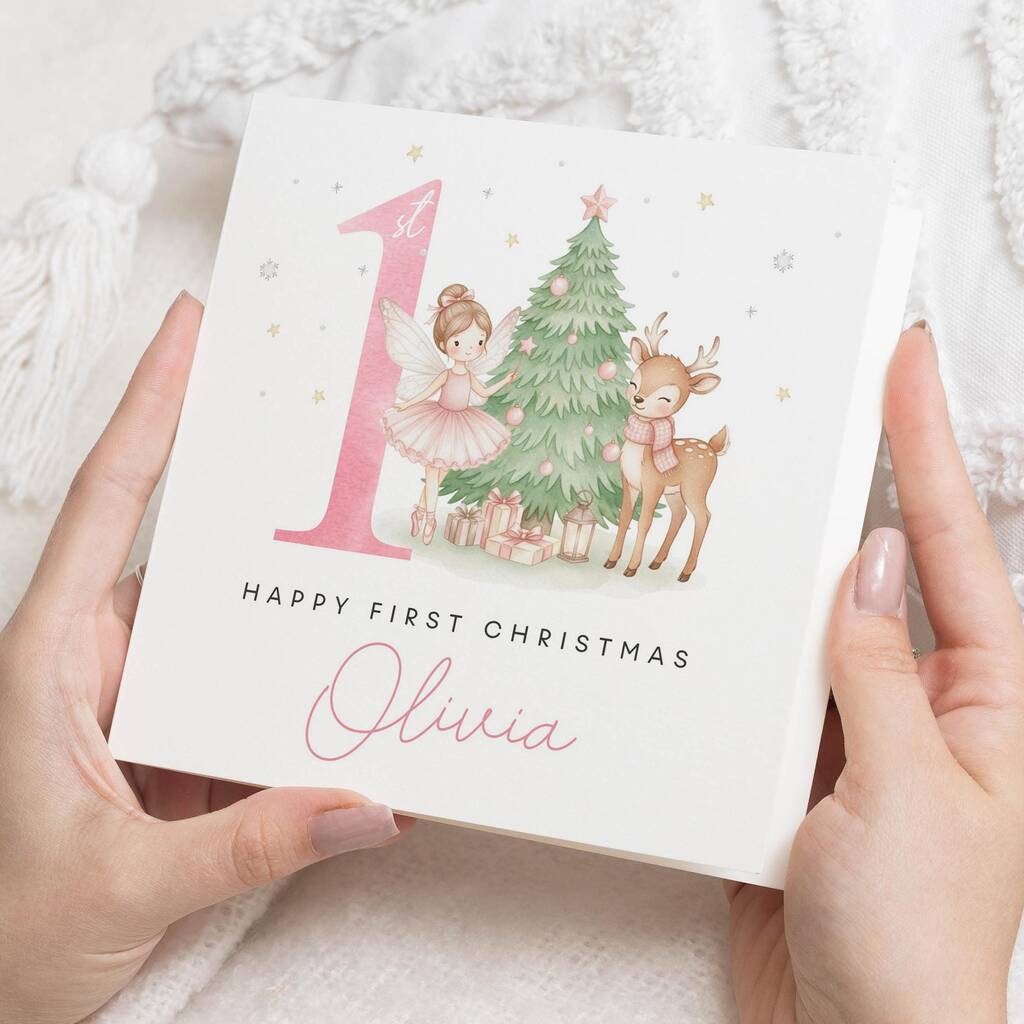 Personalised Baby Girl First Christmas Reindeer Card, 1 of 7