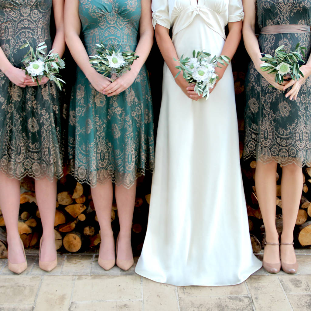 Bespoke Lace Bridesmaid Dresses In Green And Gold, 1 of 6