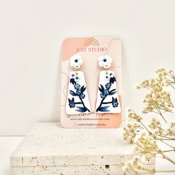 Statement Blue And White Floral Polymer Clay Earrings, 5 of 5