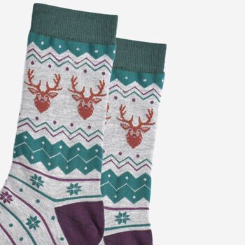 Men's Bamboo Socks Stag Fair Isle Grey, 3 of 5