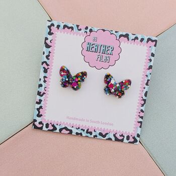 Rainbow Butterfly Glitter Resin Stud Earrings, 3 of 4