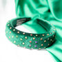 Plush Velvet Rainbow Diamante Headband In Green, thumbnail 1 of 4