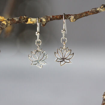 Lotus Flower Dainty Drop Earrings In Gold, Silver, Rose Gold, 4 of 9