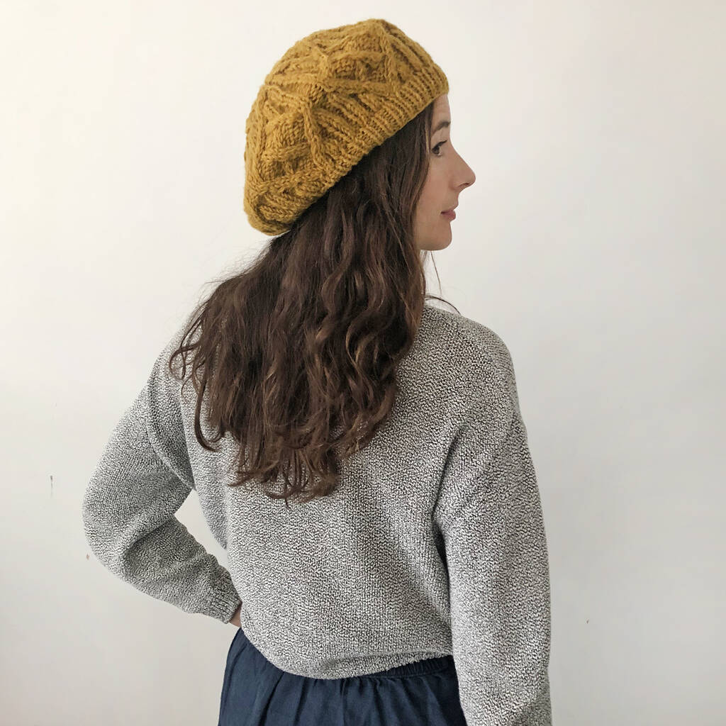 Fair Trade Cable Handknit Wool Jersey Lined Beret Hat By Aura Que