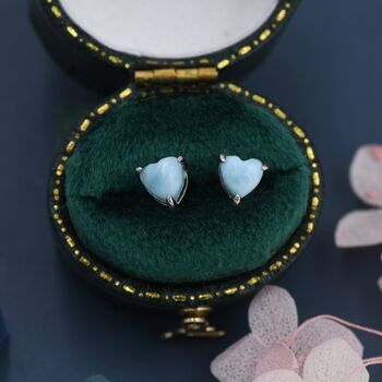 Genuine Larimar Stone Heart Stud Earrings, 7 of 11
