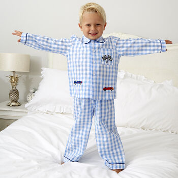 Personalised Boy's Racing Car Checked Pyjamas, 2 of 5