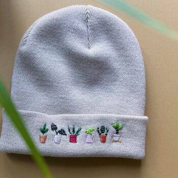 Unisex Hand Embroidered Grey Beanie With Plants, 3 of 6