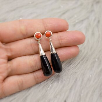 Red Coral, Black Onyx Sterling Silver Dangle Earrings, 7 of 8